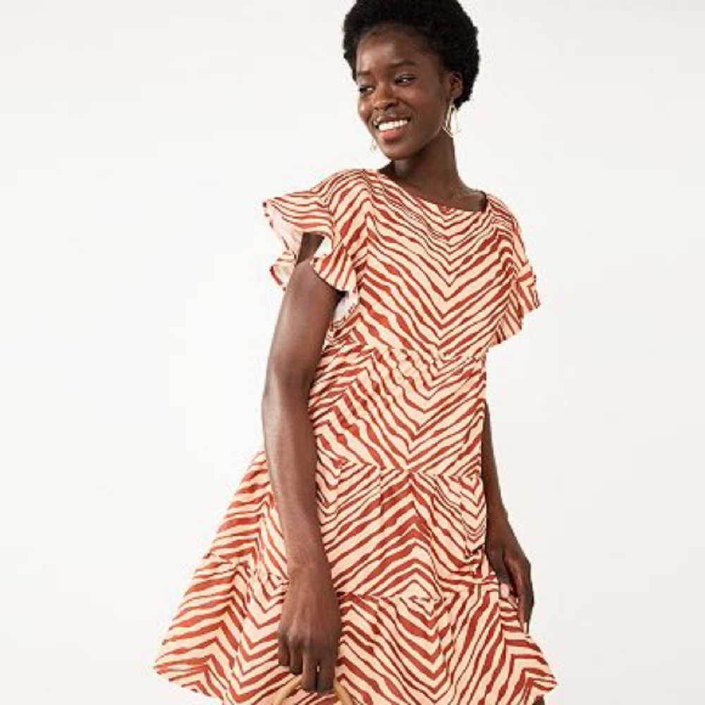 Nine West Brown Zebra Print Ruffle Tiered Dolman Sleeve Babydoll Dress Size S